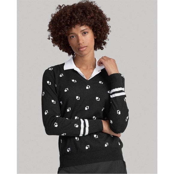 Polo Golf Ralph Lauren Large V-Neck Pullover‎ Sweater Black Whit Print Cotton - Picture 3 of 13